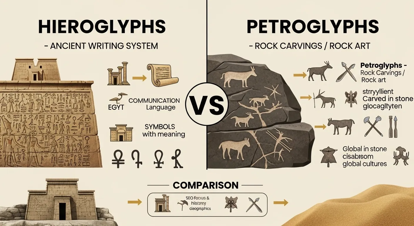 difference between hieroglyphs and petroglyphs